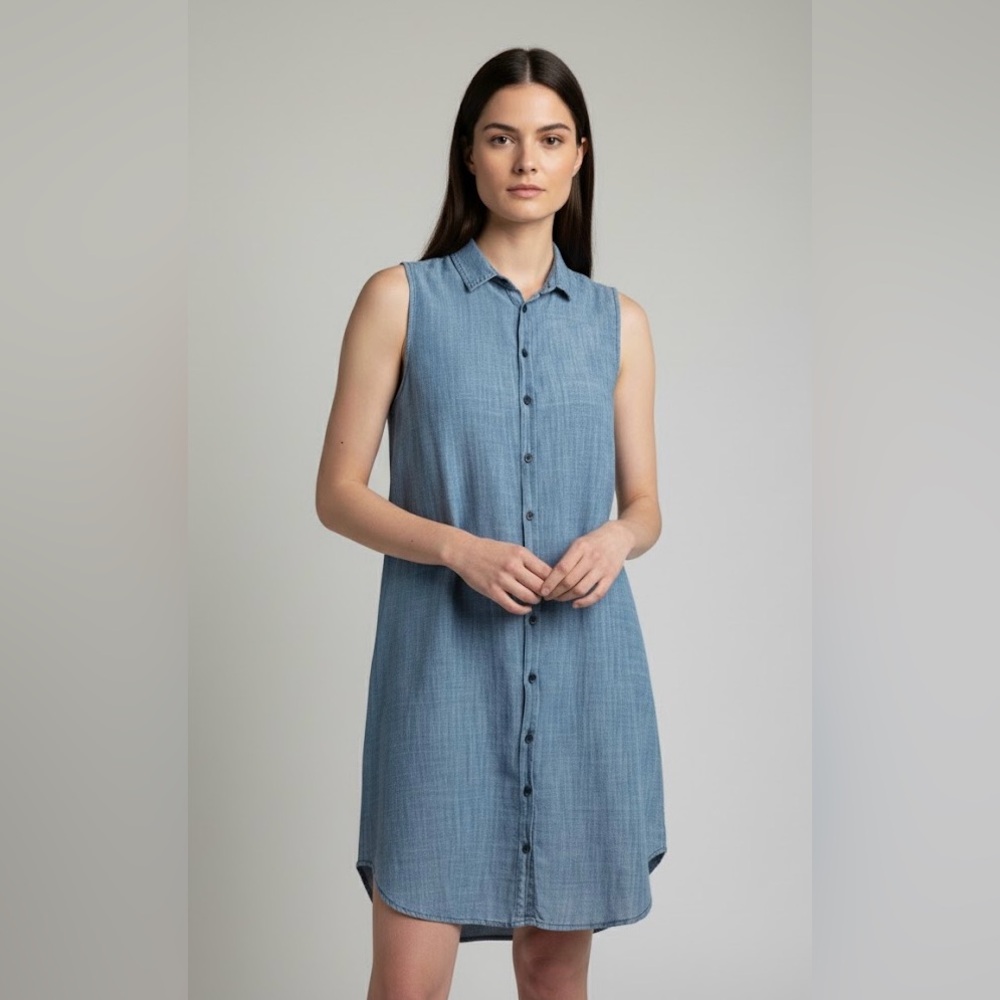 CP Shades Blue Chambray Sleeveless Cotton Shirt Dress Small Button Up Casual